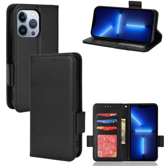Wallet Case for iPhone 15 Pro Card Slots Holder Kickstand Flip Case, Lychee Pattern PU Leather Shockproof Cover with Magnetic Clasp Drop Resistant Phone Case, Black