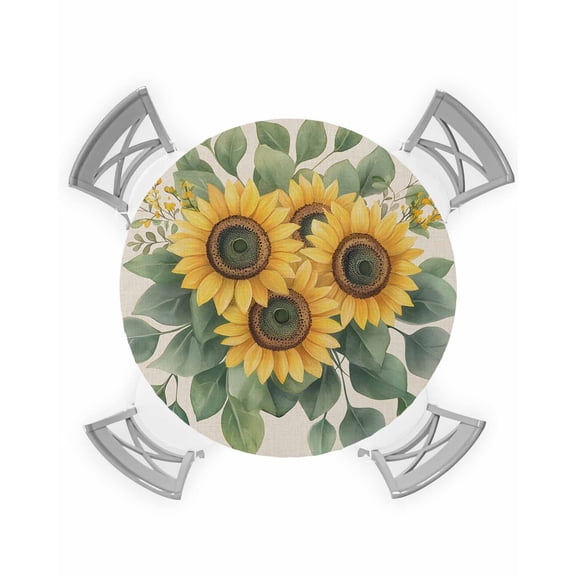 nqOlkjepod Summer Sunflowers Round Tablecloth, Fitted Table Cover with Elastic for 36"-44" Round Tables, Watercolor Floral Botanical Retro Table Cloth Outdoor Dinning Party Waterproof Tablecloths