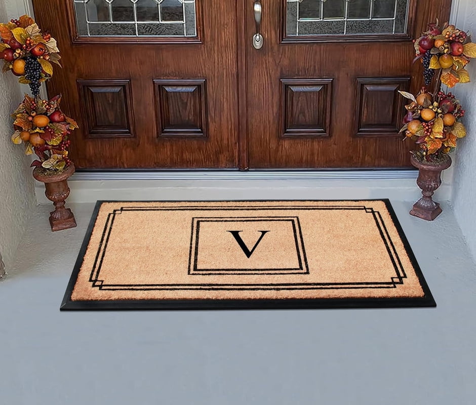 A1 Home Collections Rubber & Coir Mat, Heavy Duty, Extra Large, Front Door Mat 24"X48", Black/Beige Doormat Monogrammed V