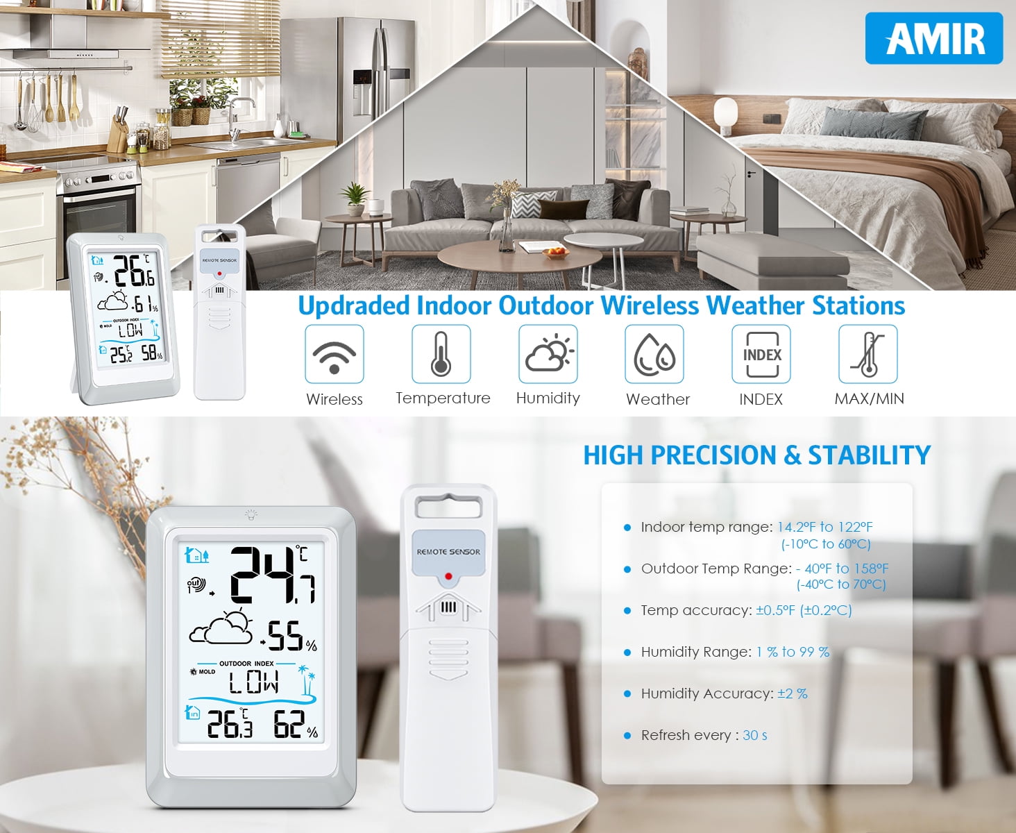 Weather Station, AMIR Indoor Thermometer Outdoor Thermometer with 330ft Remote Sensor Humidity Gauge for Home Greenhouse Office