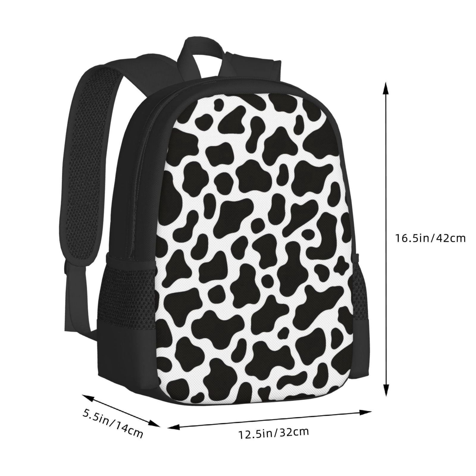 Large Capacity Backpack 16.5×12.5×5.5in Widened Shoulder Strap Design Main Bag Large Top Handle Belt Adjustable Shoulder Strap Black White Cow Print