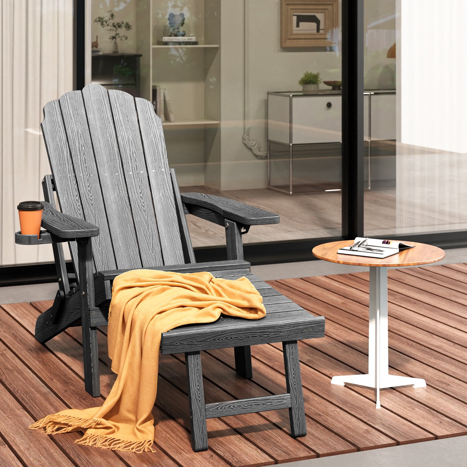Asofer Adirondack Chair with Retractable Ottoman, Outdoor Folding Chair for Patio Garden Fire Pit, Gray - 2 PCS