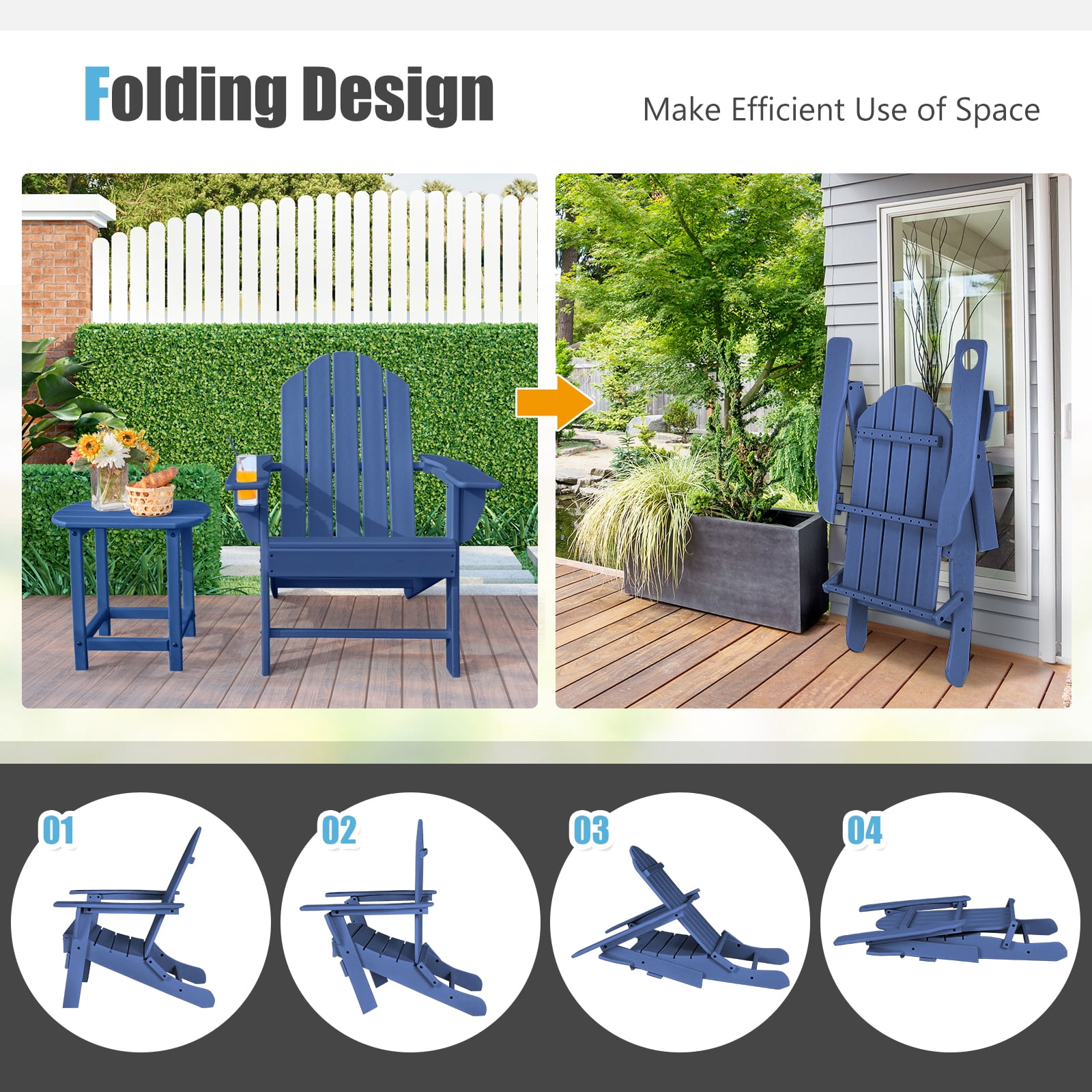 Gymax 2 PCS Patio Folding Adirondack Chair Side Table Cup Holder HDPE Navy