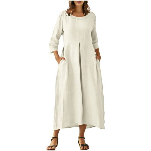 Purcolt Summer Dresses for Women 3/4 Sleeve Cotton Linen Midi Dress Casual Pleated Crew Neck Sundress Flowy A Line Dress for Beach Vacation Party