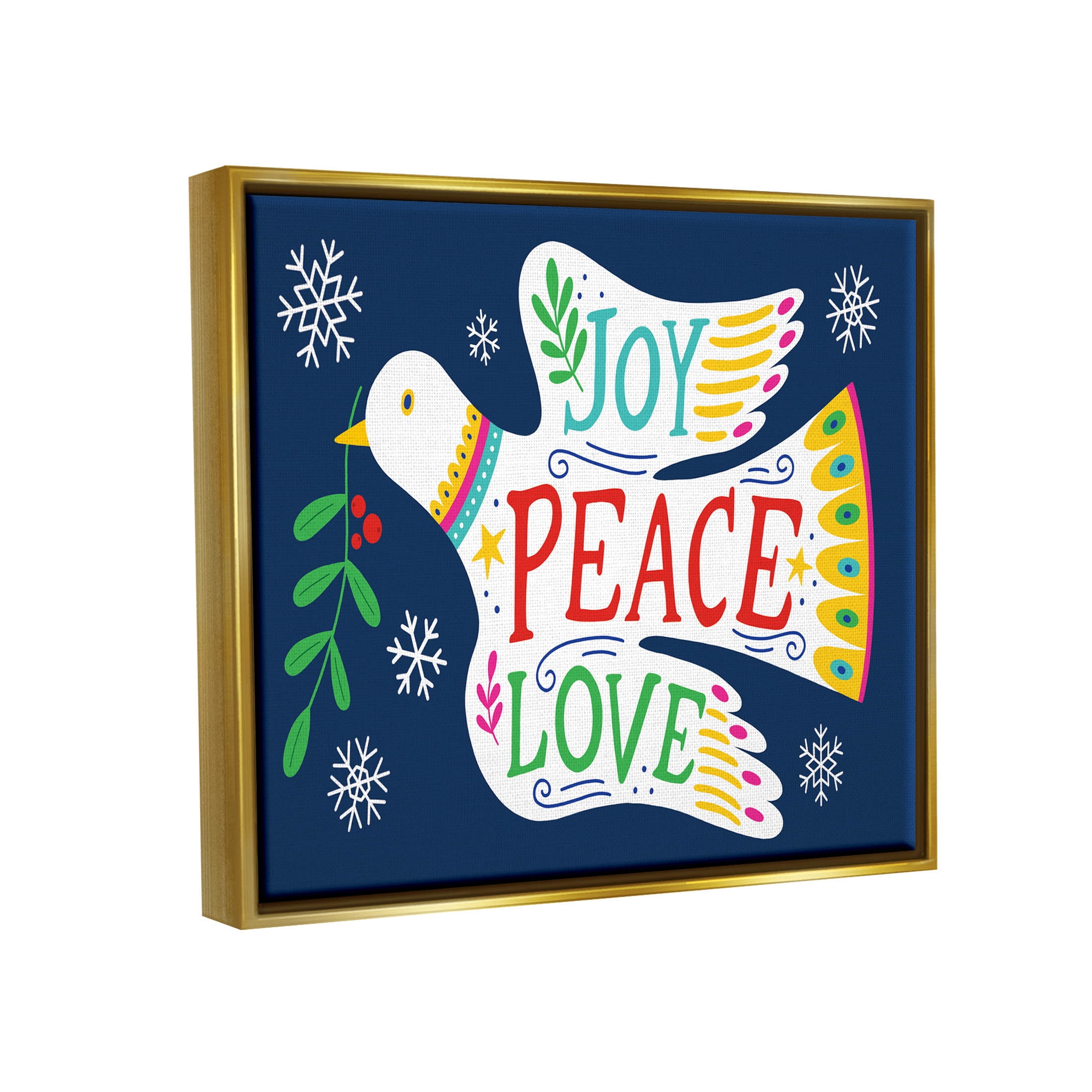 Joy Peace Love Dove Holly Sprig Holiday Graphic Art Metallic Gold Framed Art Print Wall Art
