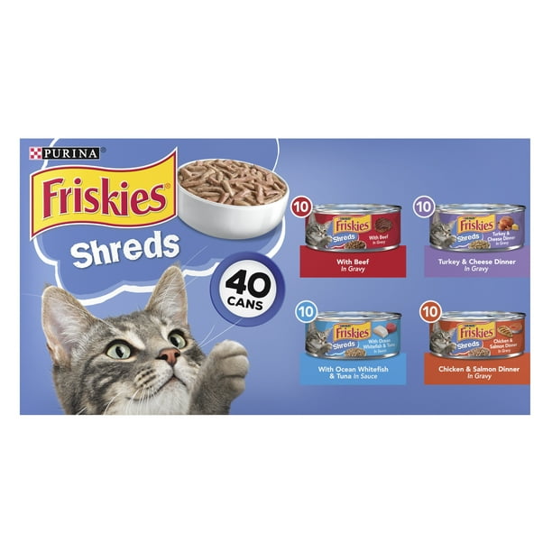 (40 Pack) Friskies Wet Cat Food Variety Pack, Shreds Beef, Turkey