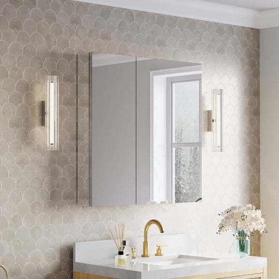 ANGELES HOME 32 in. x 32 in. Copper-Free Mirror Medicine Cabinet with Reversible Door, Recessed or Surface Mount, 6 Adjustable Glass Shelves