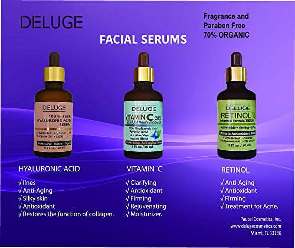 Deluge Hyaluronic Face Serum with Vit C, E, Green Tea, Jojoba Oil & MSM - Deep Hydration & Anti-Aging Formula (2 FL oz)