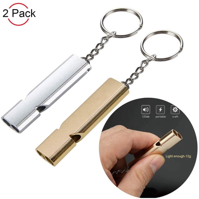 Silbato de árbitro de 2 piezas, silbato de supervivencia, silbato para niños, doble tubo, llavero de metal de alto decibelio, silbato para acampar, rescatador, senderismo y jugar