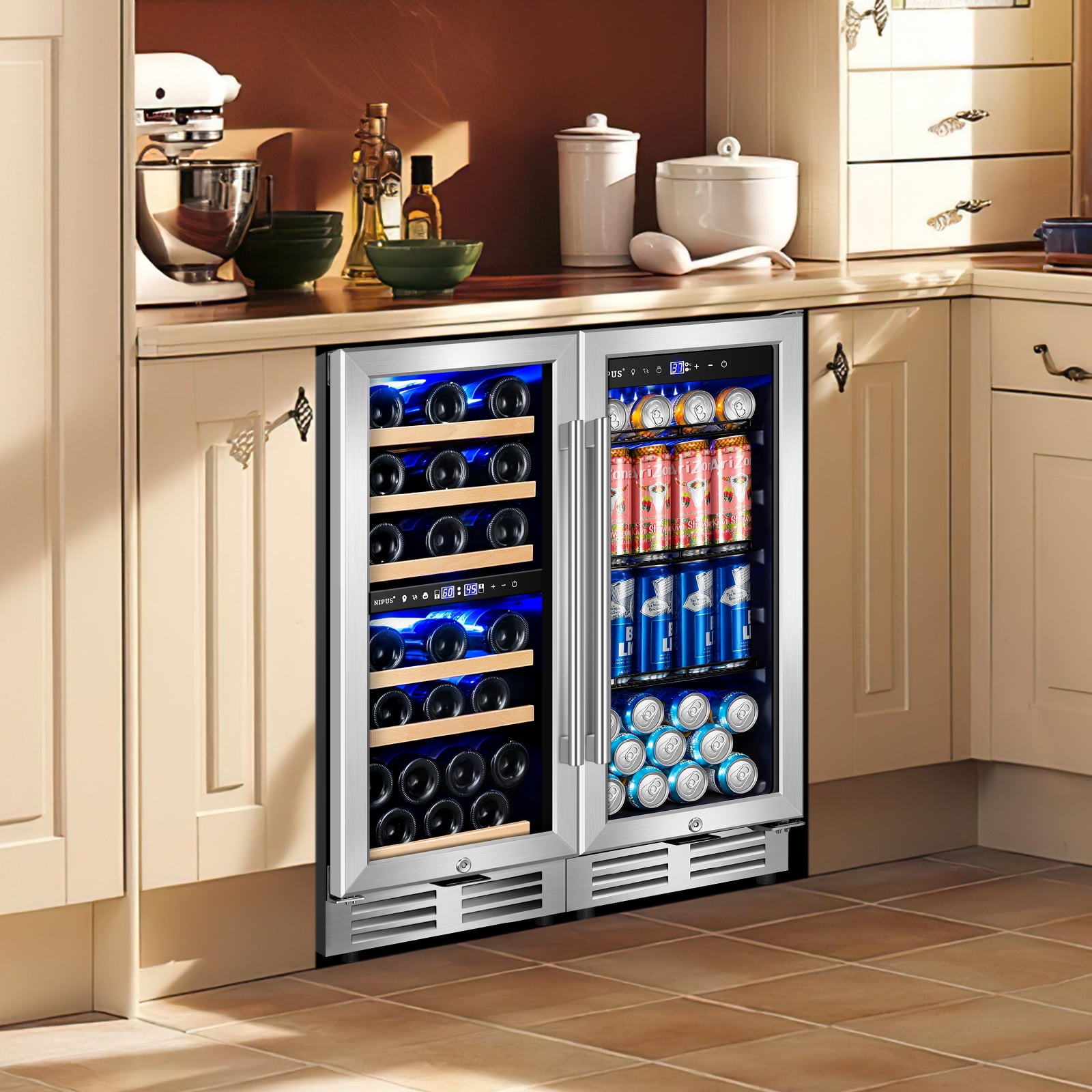 Nipus 15"+15" Wine and Beverage Refrigerator, 30 Bottles Dual Zone Wine Fridge and 130 Cans Beverage Fridge Cooler for Kitchen Office