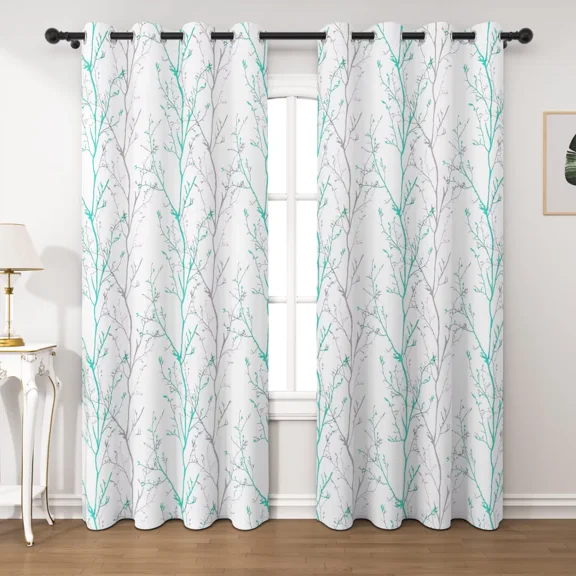 Lfeey Teal Grey Tree Branch Blackout Curtains 2 Panels 63 Inches Long, Thermal Insulated Room Darkening Grommet Top Drapes For Living Room