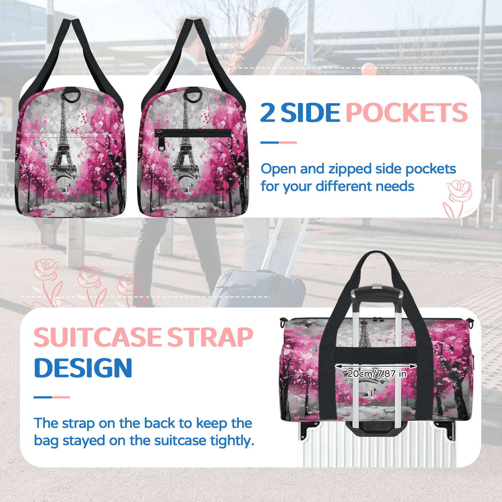 Herdesigns Paris Eiffel Tower Travel Duffle Bag Sports Yoga Weekender Overnight Carry on Workout Bags Lightweight Waterproof Gym Tote Bag for Women