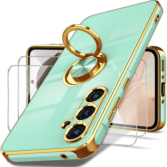 for Samsung Galaxy A35 5G Case, Galaxy A35 5G UW Case with Screen Protector, 360° Rotatable Ring Holder Magnetic Kickstand,Plated Gold Edge Slim Soft TPU Protective Phone Cover for A35 (Mint)