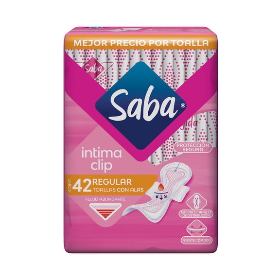 Toallas femeninas Saba Intima Clip regular con alas flujo abundante 42 pzas