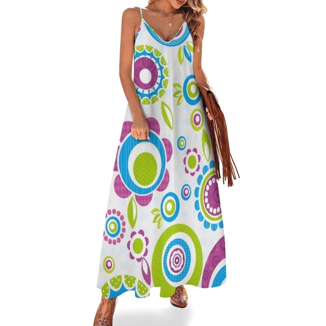 Vestido retro moderno verde, morado y aguamarina con flores y abstracto sin mangas Vestidos de mujer Vestido de verano para mujer