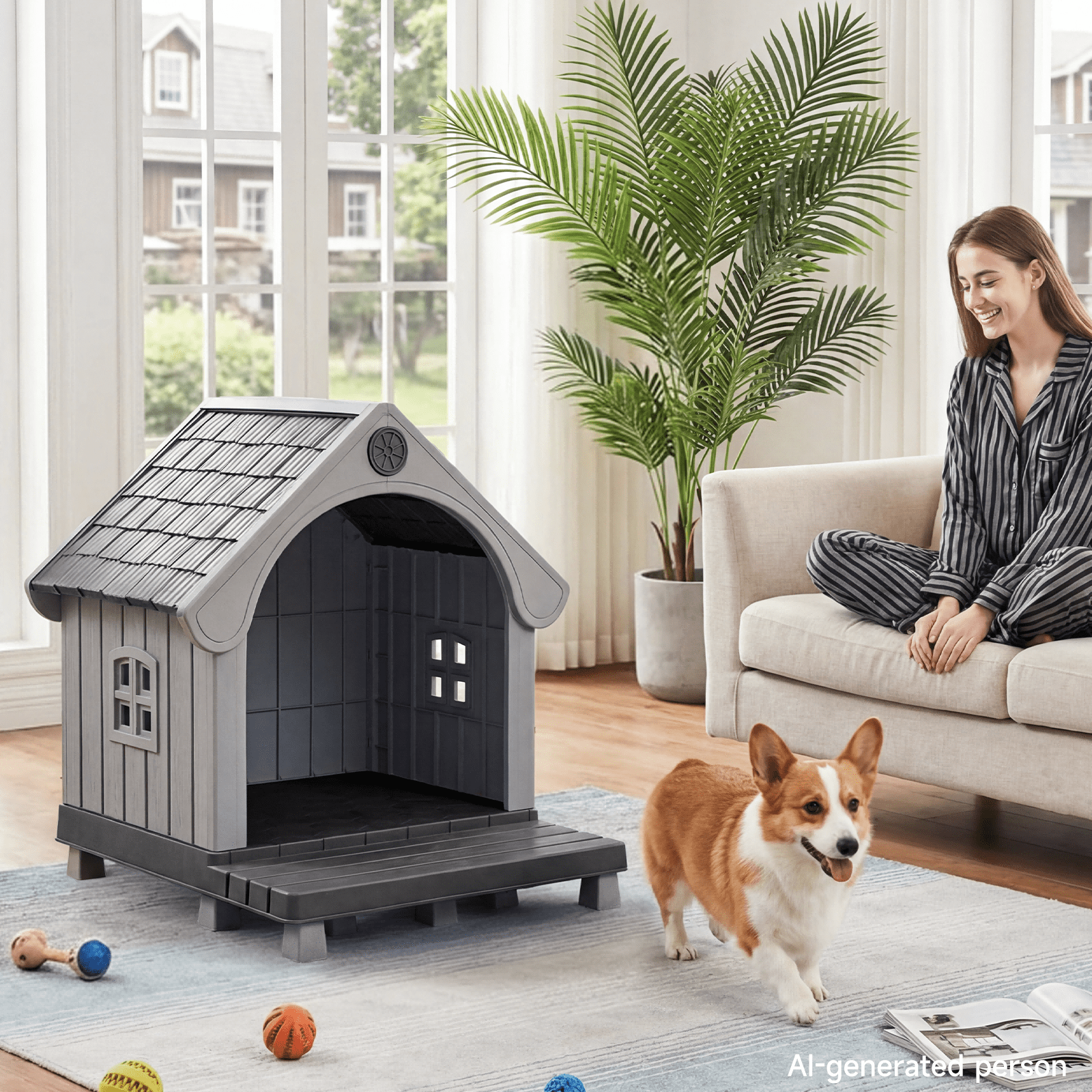 Dovov Plastic Dog House with Elevated Floor and Air Vents, Waterproof Doghouse Indoor Outdoor Dog Kennel with Porch, Large Puppy Shelter, Black Gray