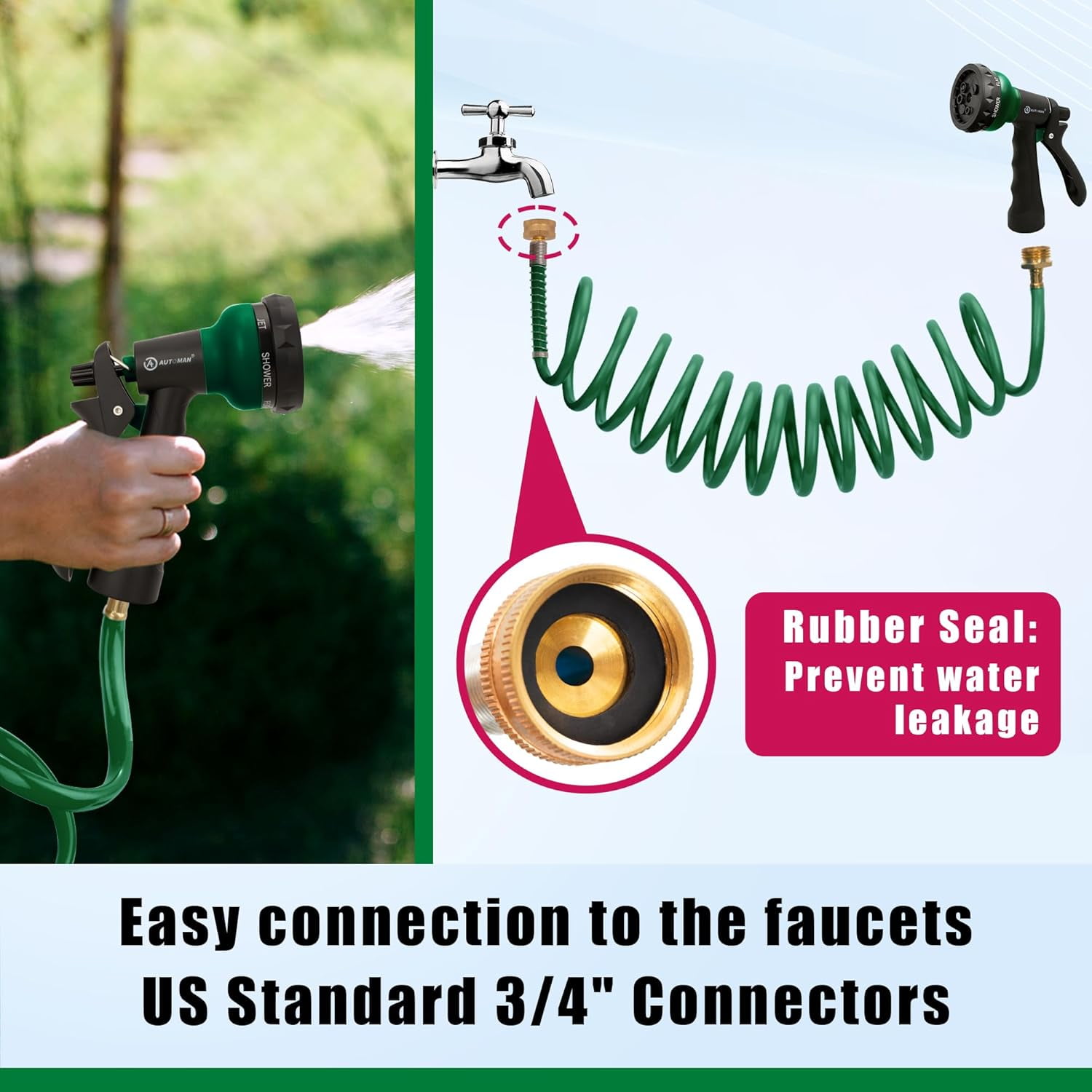 Coil Garden Hose 15 ft, EVA Curly Water Hose with Brass Connectors,  Garden Water Hose,Includes 7- Function Sprayer,Retractable, Resistant Garden Coil Hose.
