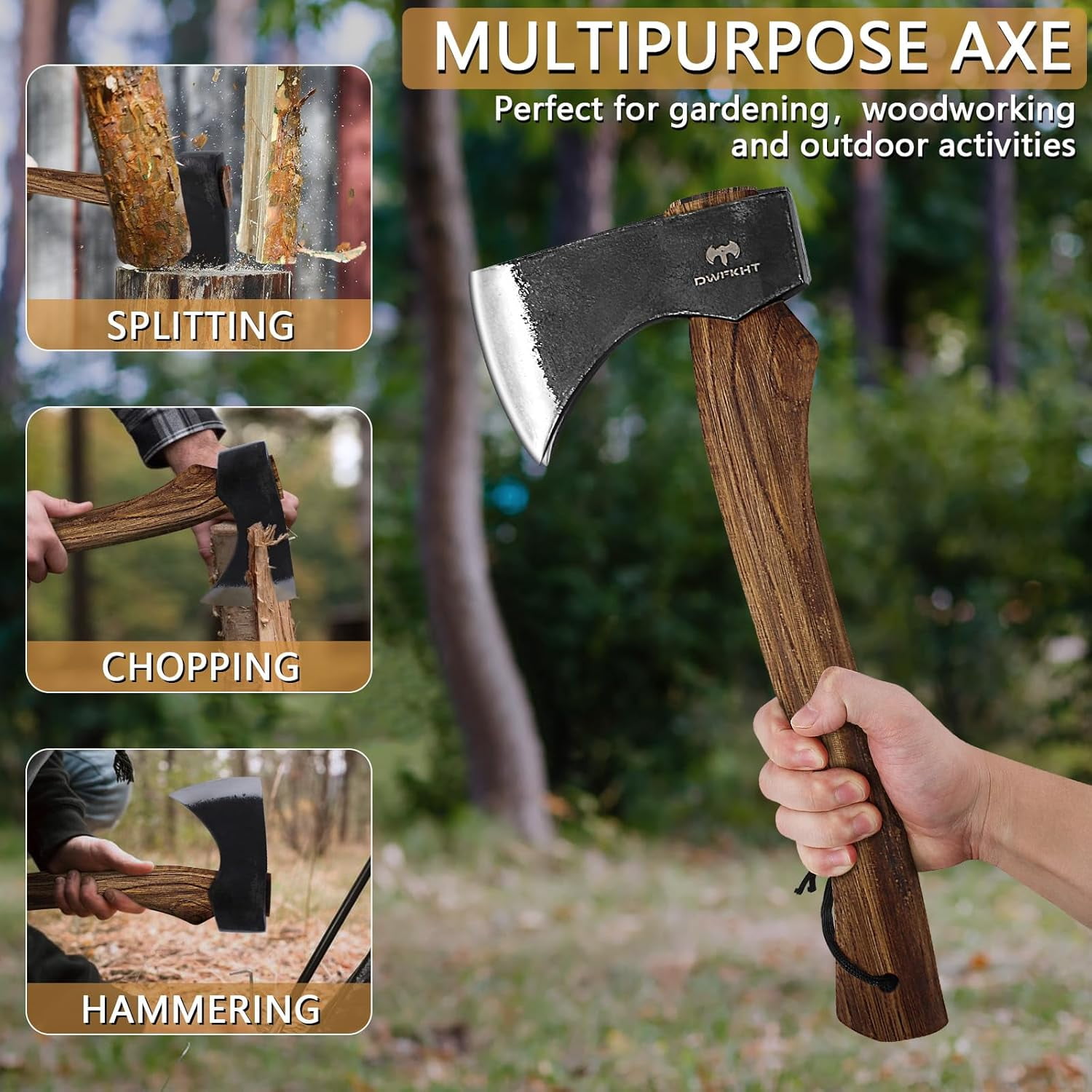 DWFKHT 15.7"  Hatchet Axe, Camping Hatchet with Sheath, Beech Handle for Wood Chopping and Outdoor Survival
