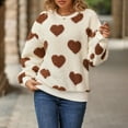 thumbnail image 5 of Brown Womens Tops Teddy Sweatshirt Round Neck Long Sleeves Heart Printed Women Pullover Fall Outfits for Women 2025, 5 of 6