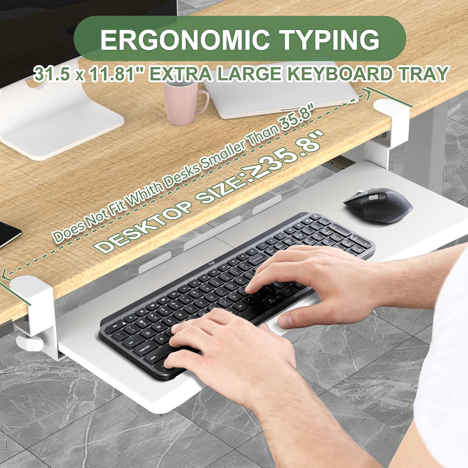 Extra Large Under Desk Keyboard Tray - Slide Out Ergonomic Computer Drawer with Sturdy C-Clip Mount, 31.5" x 11.8" White for Home Office & Gaming