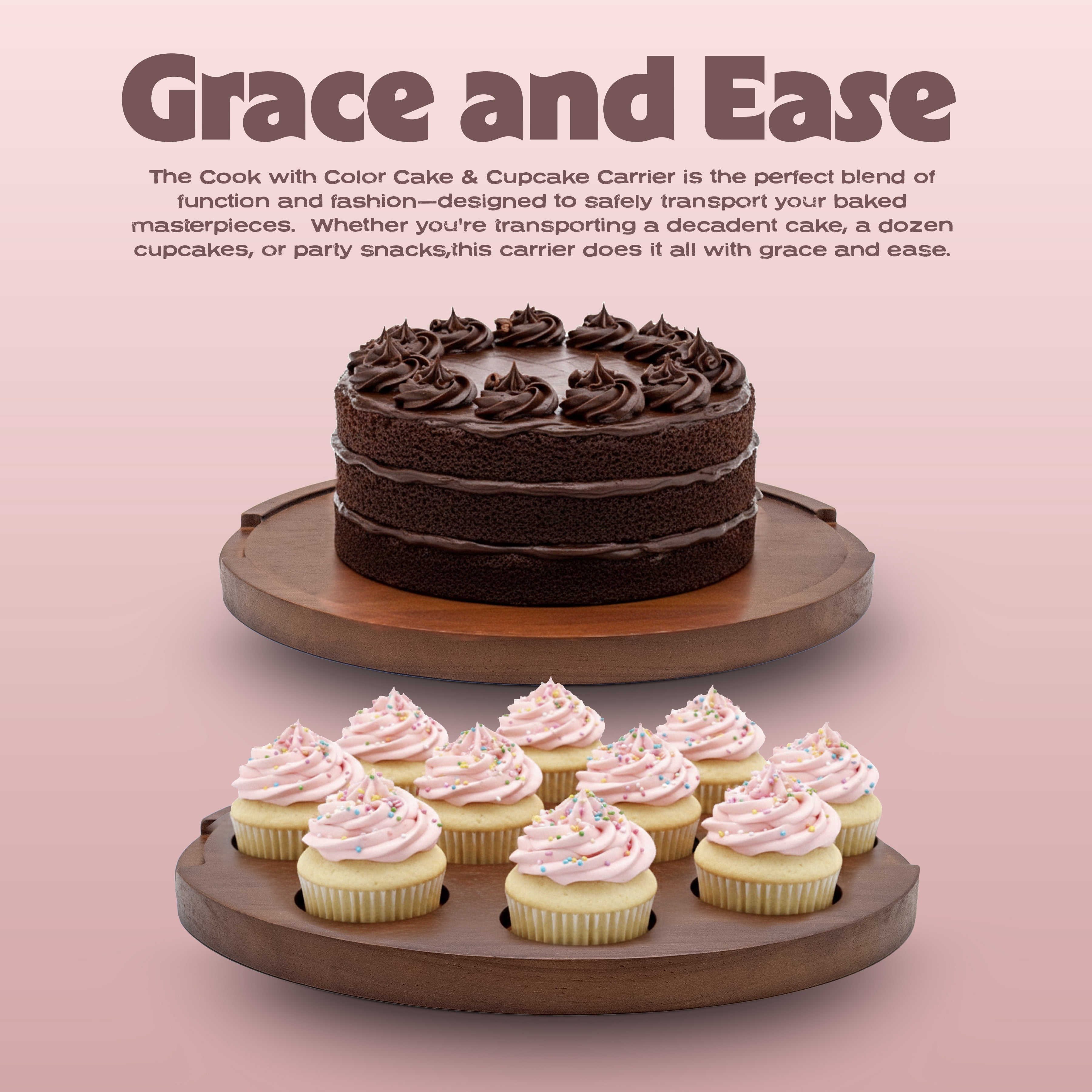 Cook with Color Dark Walnut Wood Cake and Cupcake Carrier, 2-in-1 Reversible Tray with Locking Lid, Dark Walnut