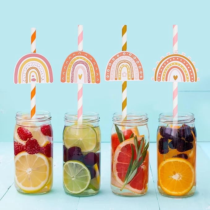 Serencatcher 50Pcs Boho Rainbow Paper Straws, Boho Rainbow Baby Shower Decorations with Colorful Double-sided Printing Striped Decorative Straw for Girls Retro Groovy Rainbow Birthday Party favors