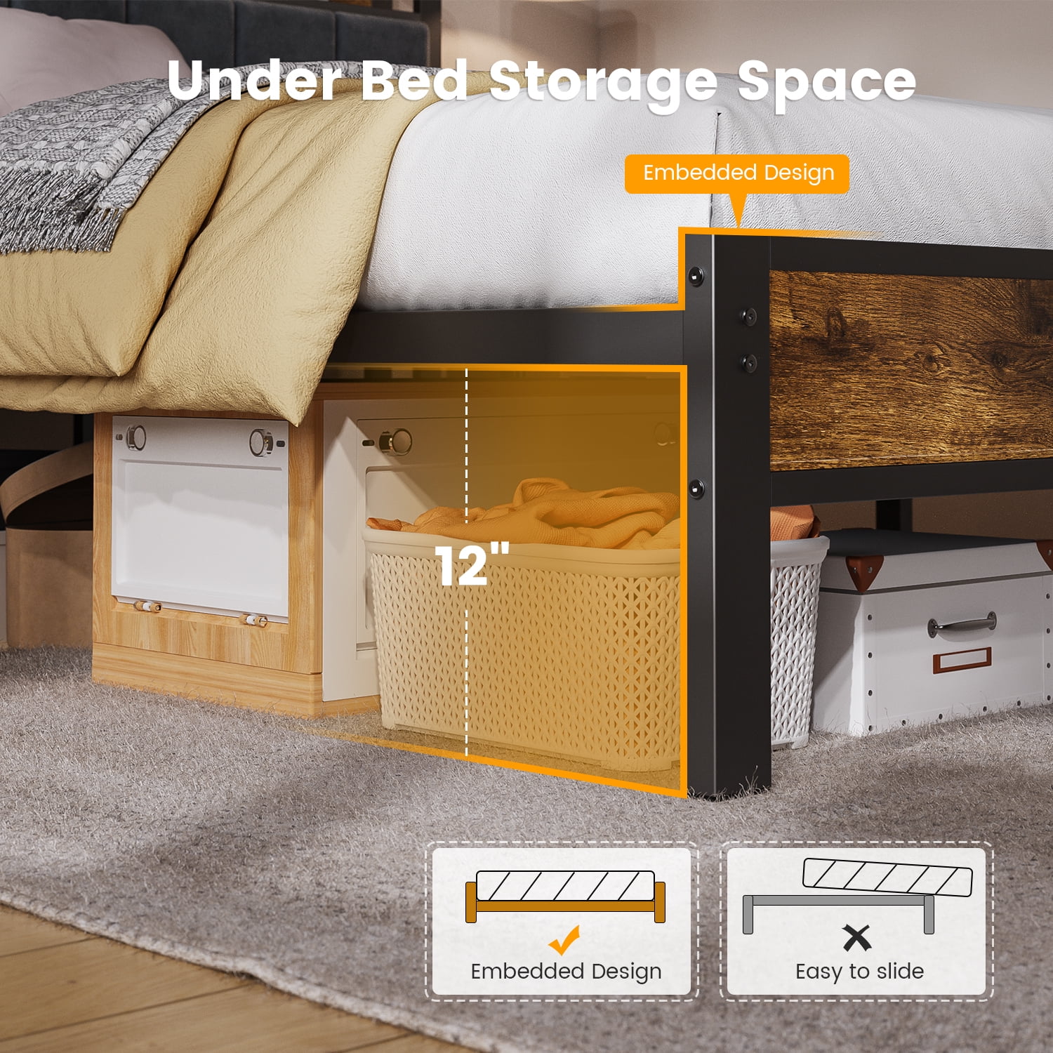 Dayago Queen Size Bed Frame with Storage Headboard and Adjustable LED Light, USB and Type-C Port, Heavy Duty Metal Platform Bed Frame with Under Bed Storage, No Box Spring Needed