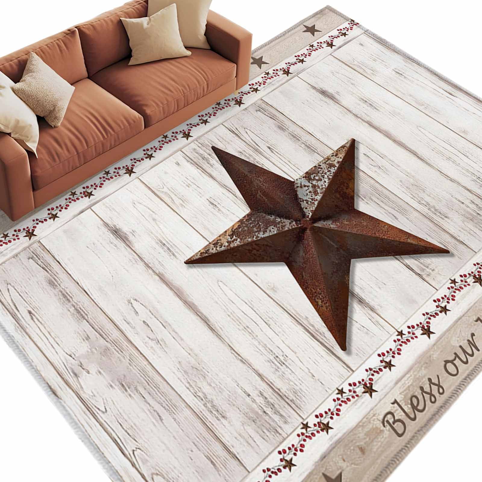 Rectangle Rug 5x8ft Area Rug Country Star Vintage Board Area Rugs for Living Room Bedroom Watercolor Berry Star Floor Mat Non-Slip Non-Shedding Carpet Indoor Accent Rugs