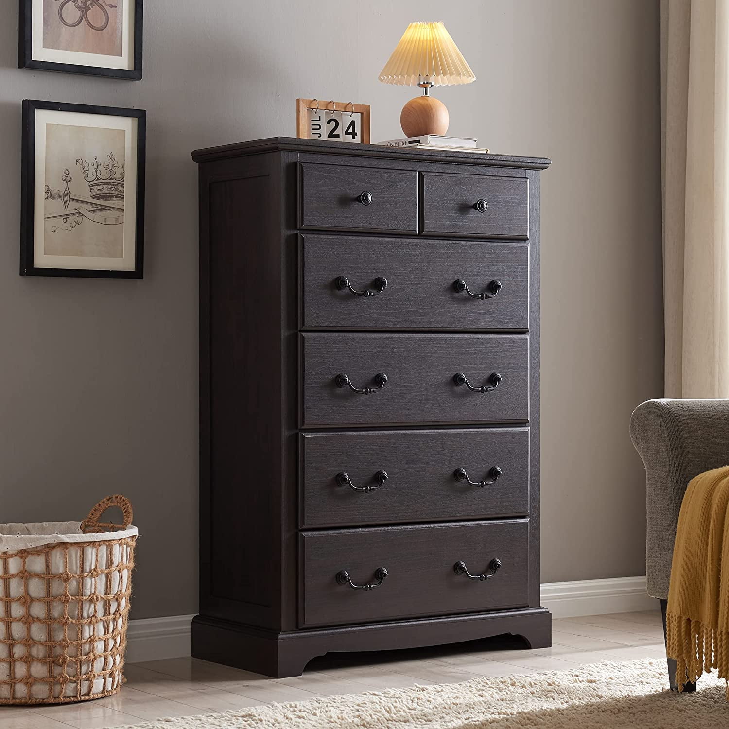 OKD 48" Tall 6 Drawers Dresser for Bedroom, Farmhouse Wooden Chest of Drawers, Closet Clothes Storage Organizer for Bedroom, Living Room, Espresso