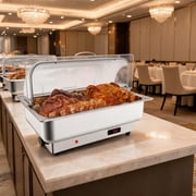 2-Pack Electric Roll Top Chafing Dish Buffet Set, 9 Qt Stainless Steel Food Warmer Server - Clear PC Lid - 400W Adjustable Thermostat 86–200°F - Full Size Pan - 1 x 1/1 Gastronorm Pan