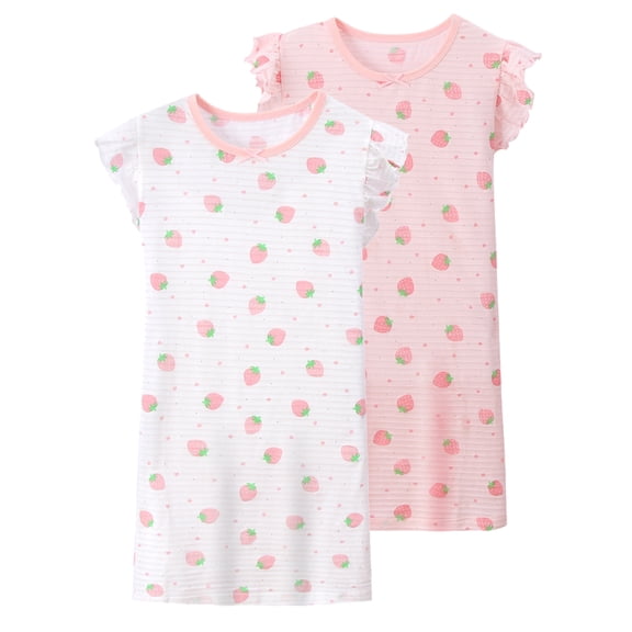 WIBACKER 2Pcs Girls Nightgowns Cotton Pajamas Dresses Flutter Short Sleeves Sleepwear Princess Strawberry Nightshirt for Kids 3-16Y