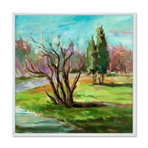 Designart 'Two Distant Trees In A Vibrant Green Landscape' Traditional Framed Canvas Wall Art Print