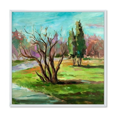 Designart 'Two Distant Trees In A Vibrant Green Landscape' Traditional Framed Canvas Wall Art Print