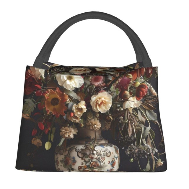 Balery Vintage Floral Vase A Bolsa de Aislamiento Portátil – Bolsa de Almuerzo con Forro de Aluminio Mejorado, Funda Impermeable y Fácil de Limpiar para Picnic y Caja de Almuerzo
