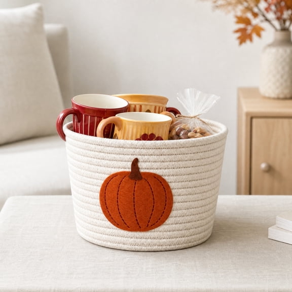 Woven Cotton Rope Storage Basket Pumpkin Applique, Fall Harvest Tabletop Storage Bin Organizer, Decorative Woven Candy Basket Accessories for Halloween Thanksgiving Home Living Room