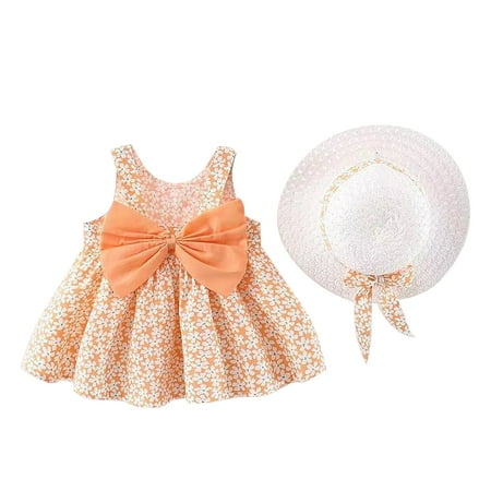 

DNDKILG Toddler Baby Girls 2 Piece Dress and Set Short Sleeve Graphic Outfits Clothes Set Summer with Sun Hat Orange 1Y-2Y 90(9/10)