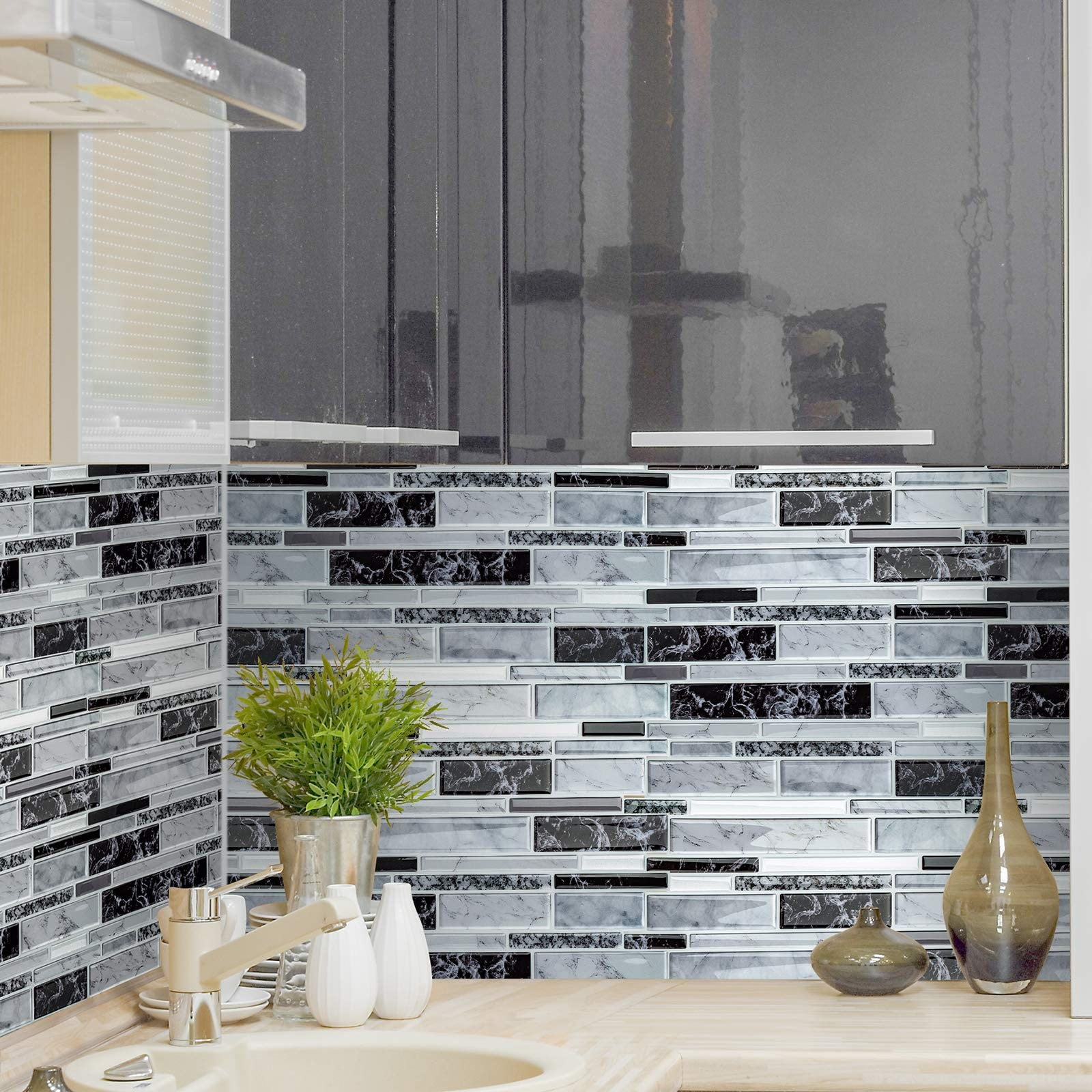 10 Sheet Vinyl Peel and Stick Tile Backsplash, Waterproof Heat Resistant Oil-Proof 3D Stick on Tiles, Self Adhesive Tile for Kitchen Bathroom Wall Laundry Room (Mable Tiles, 12"x12")