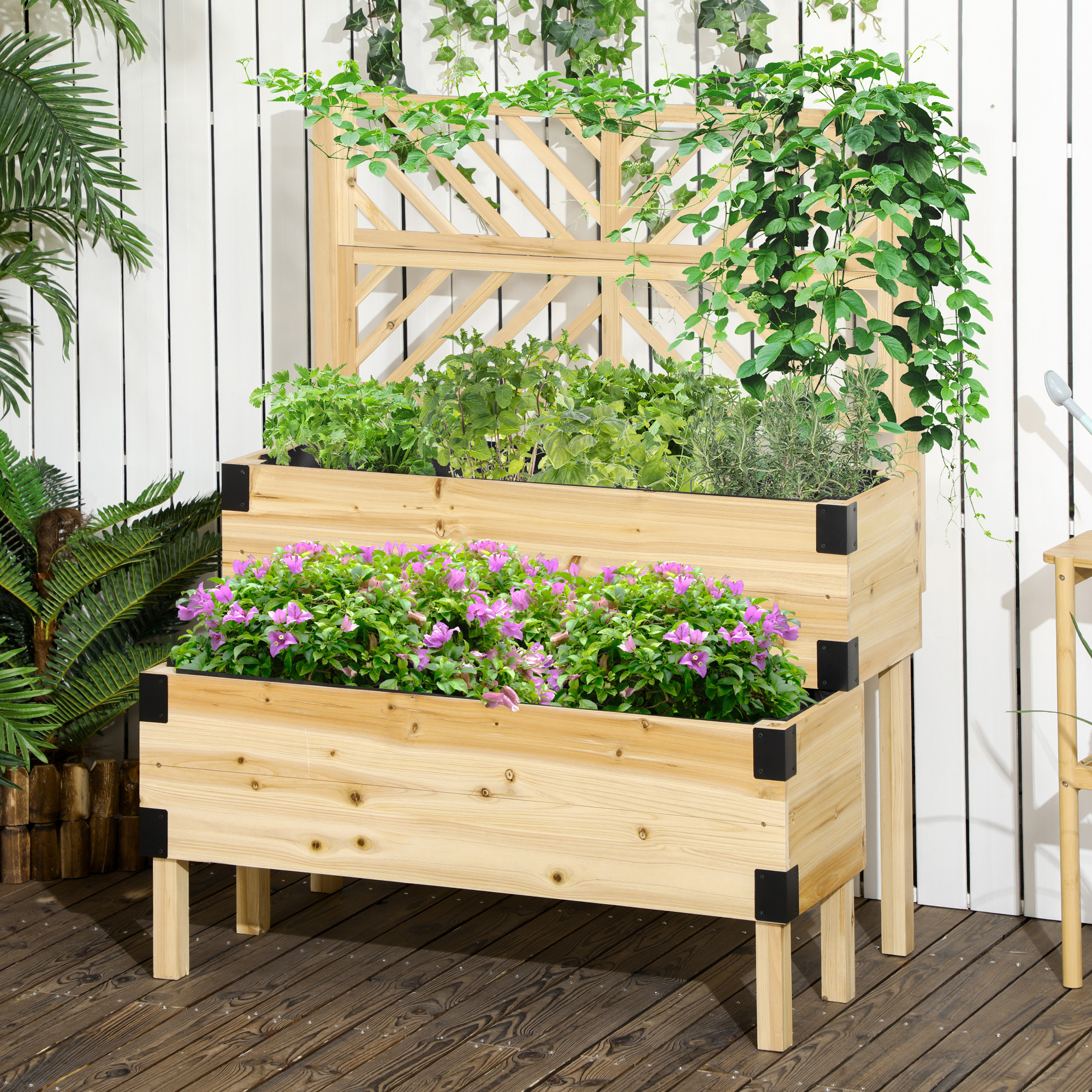 Raised Garden Bed Wood Elevated with Legs Trellis Above Ground Standing Planters Boxes 2 Tier Outdoor for Vegetables Flower Plants Herb, Natural