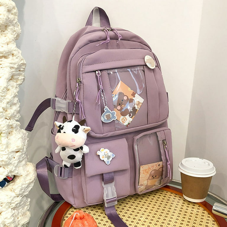 Kawaii School Bag with Cute Milk Cow Accessories, Kawaii Pins for