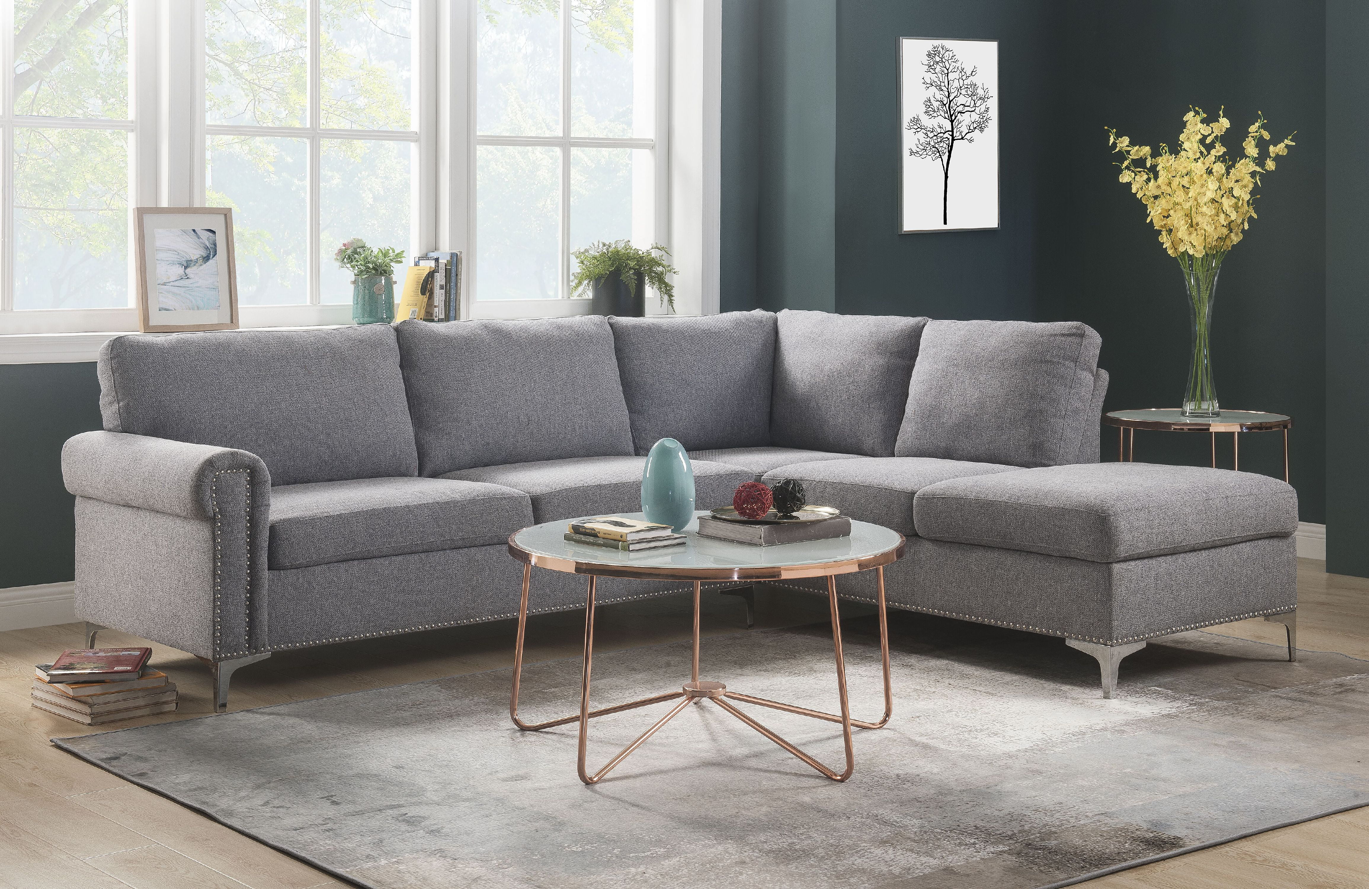 Acme Melvyn Sectional Sofa In Gray, Sectional Sofa Grey Fabric