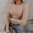 thumbnail image 2 of XUELUO Boho Tops For Women Autumn Winter Solid Color Ribbed Crew Neck Long Sleeve Slim Fit Casual Basic Shirts For Women T Shirts Holiday Wear,Brown,XL, 2 of 4
