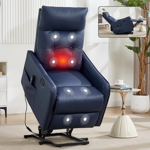 Resenkos Power Lift Recliner Chair, Single Motor Massage & Heat, USB Port, 155° Recline, PU Leather, Blue