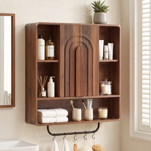 WIRRYTOR Modern Boho Wall Mounted Bathroom Cabinet with Arched Doors, Medicine Cabinet Kitchen Wall Storage Organizer with Towel Bar, 5 Hooks, Walnut