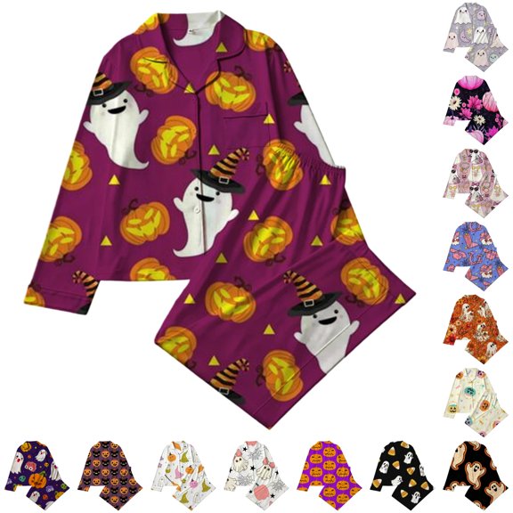 CUZIBR Girls Halloween Pajamas Sets Pumpkin Ghost Witch Hat Full Print Long Sleeve Lapel Button Top And Pants Soft Sleepwear Two Piece Soft Sleep Cozy Loungewear Nightwear,C-Orange,7-8 Years