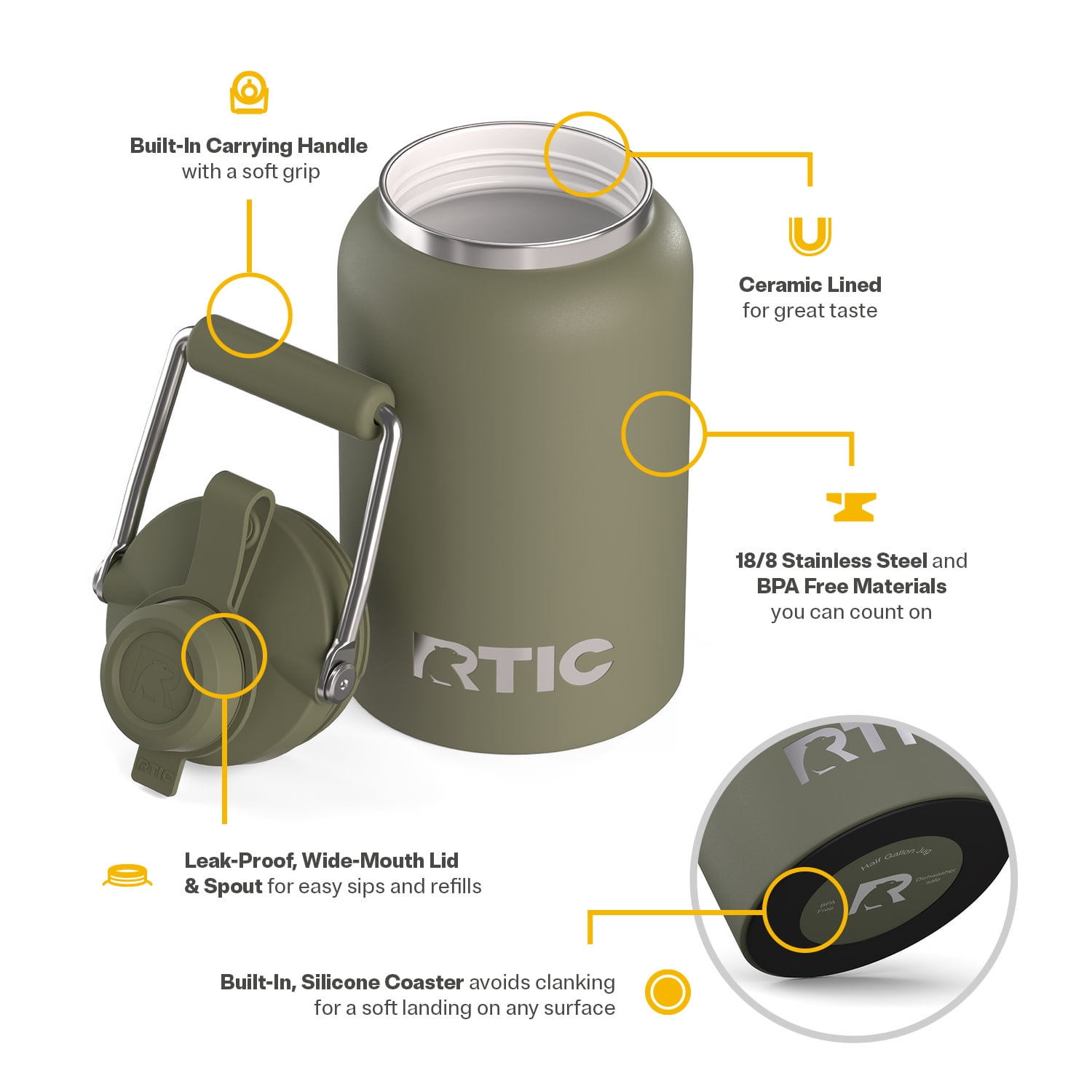 RTIC Half Gallon Ceramic Lined Insulated Outback Water Bottle Jug, Leak Proof, Olive