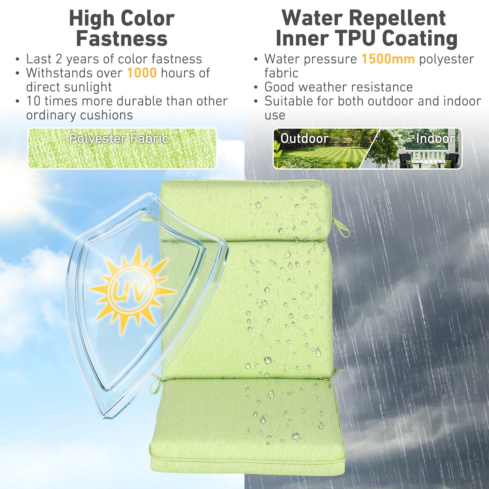 BPS Outdoor High Back Dining Chair Cushion Set, 37"x20"x2.8", TPU Water Repellent Coating&Stain Resistant, Polyester Fabric Cover with Ties and Zipper, Green, Set of 4