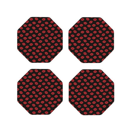 

Fuzoiu Sexy Red Lips Kiss Print Leather Coasters Set Drink Coasters Set of 4 for Tabletop Protection Durable PVC Coasters Home Décor and Housewarming Gift-Octagon