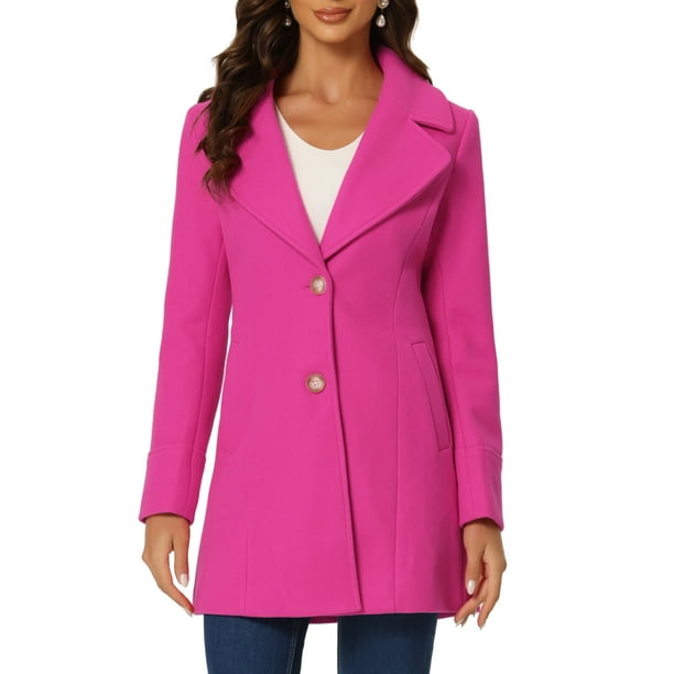 Abrigo de mujer con solapa y un solo botón, hasta el muslo, color rosa intenso