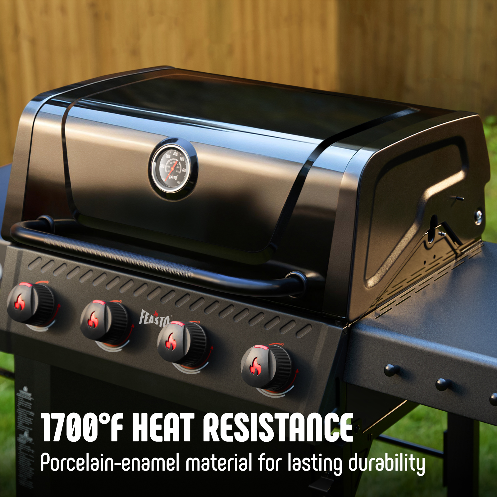 Feasto 4-Burner Propane Gas Grill, Outdoor Grill with 2 Side Tables and Porcelain-Enameled Grates, Black
