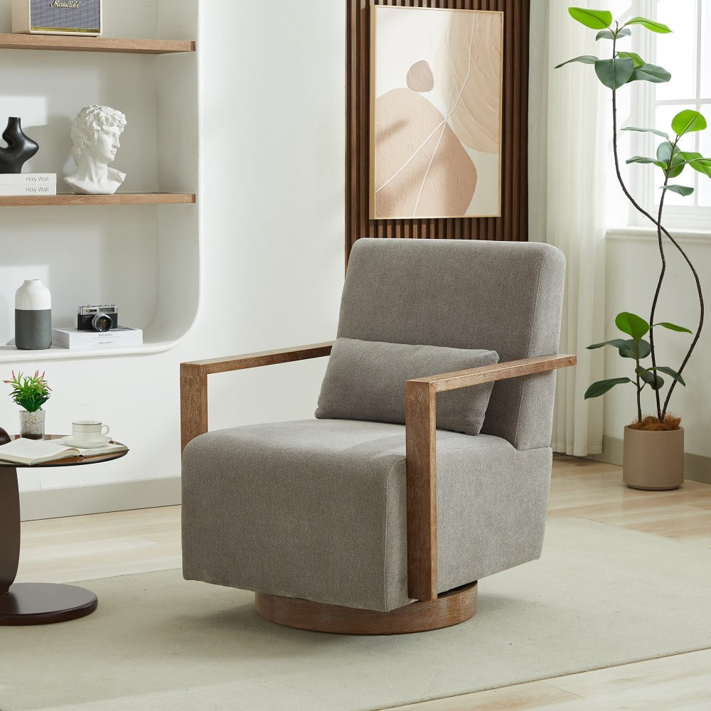 Swivel Accent Chair, 360 Degree Modern Upholstered Lounge Chair with Solid Wood Armrests, Linen Blend Fabric, Comfy Reading Chair for Living Room, Bedroom & Office, Gray